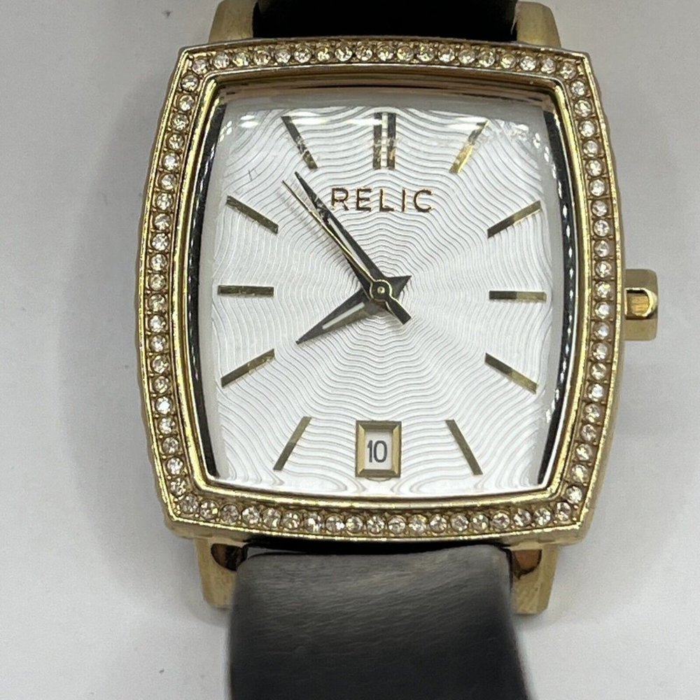Relic Ladies  Rhinestone Gold Tone Rectangular Bezel Leather  Brown Strap